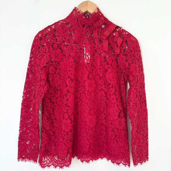 J. Crew Mockneck Floral Red Lace Top Sz 2 Preppy Holiday Party NWT - Picture 2 of 8
